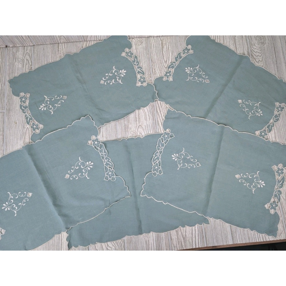 Vintage Light Blue Embroidered Napkins Floral Madeira Tea Time Die Cut 50s 60s